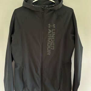 Under Armour Black Hooded Windbreaker with Vertical Logo Print